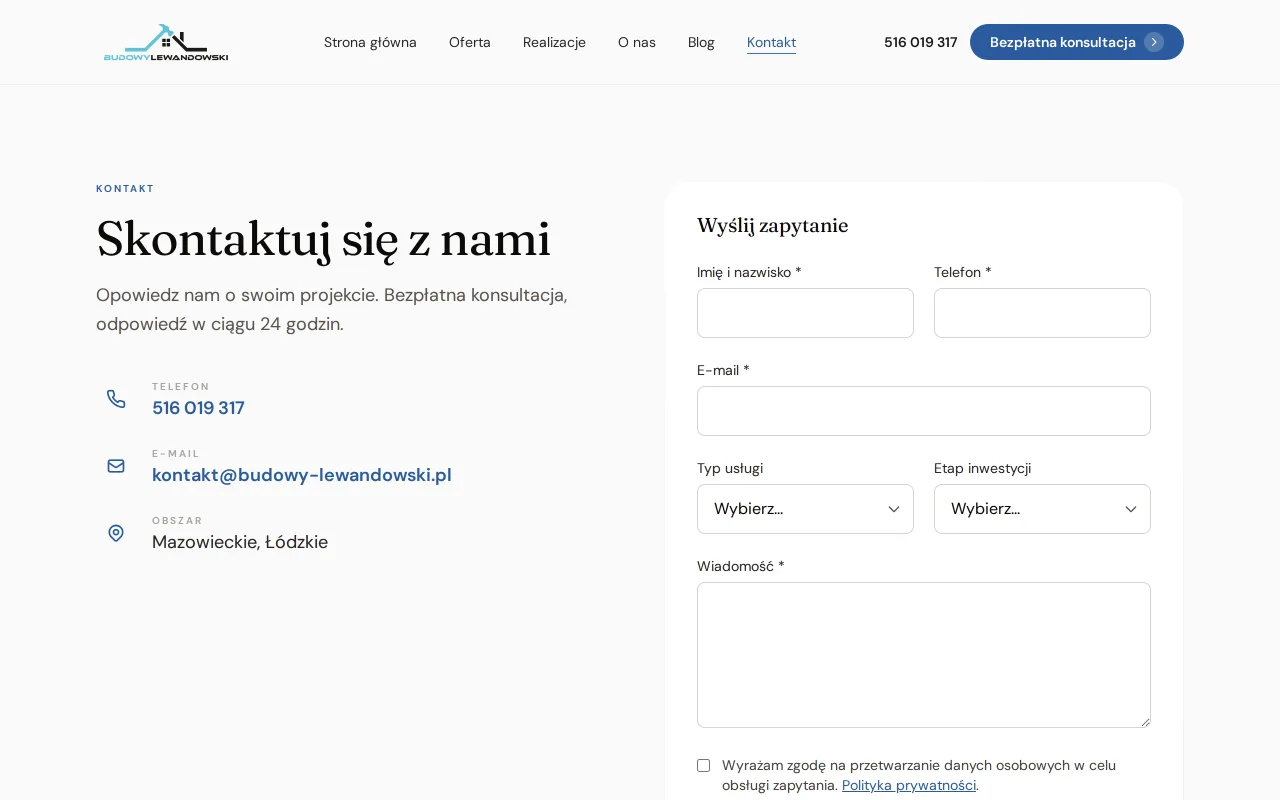 Formularz bezpłatnej konsultacji z typem usługi i etapem inwestycji — Budowy Lewandowski