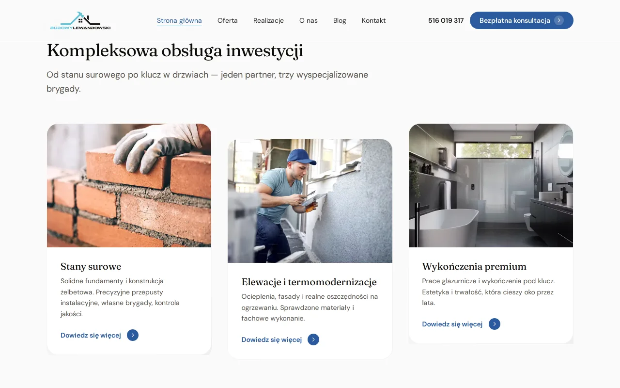 Oferta Budowy Lewandowski — stany surowe, elewacje i termomodernizacje, wykończenia premium
