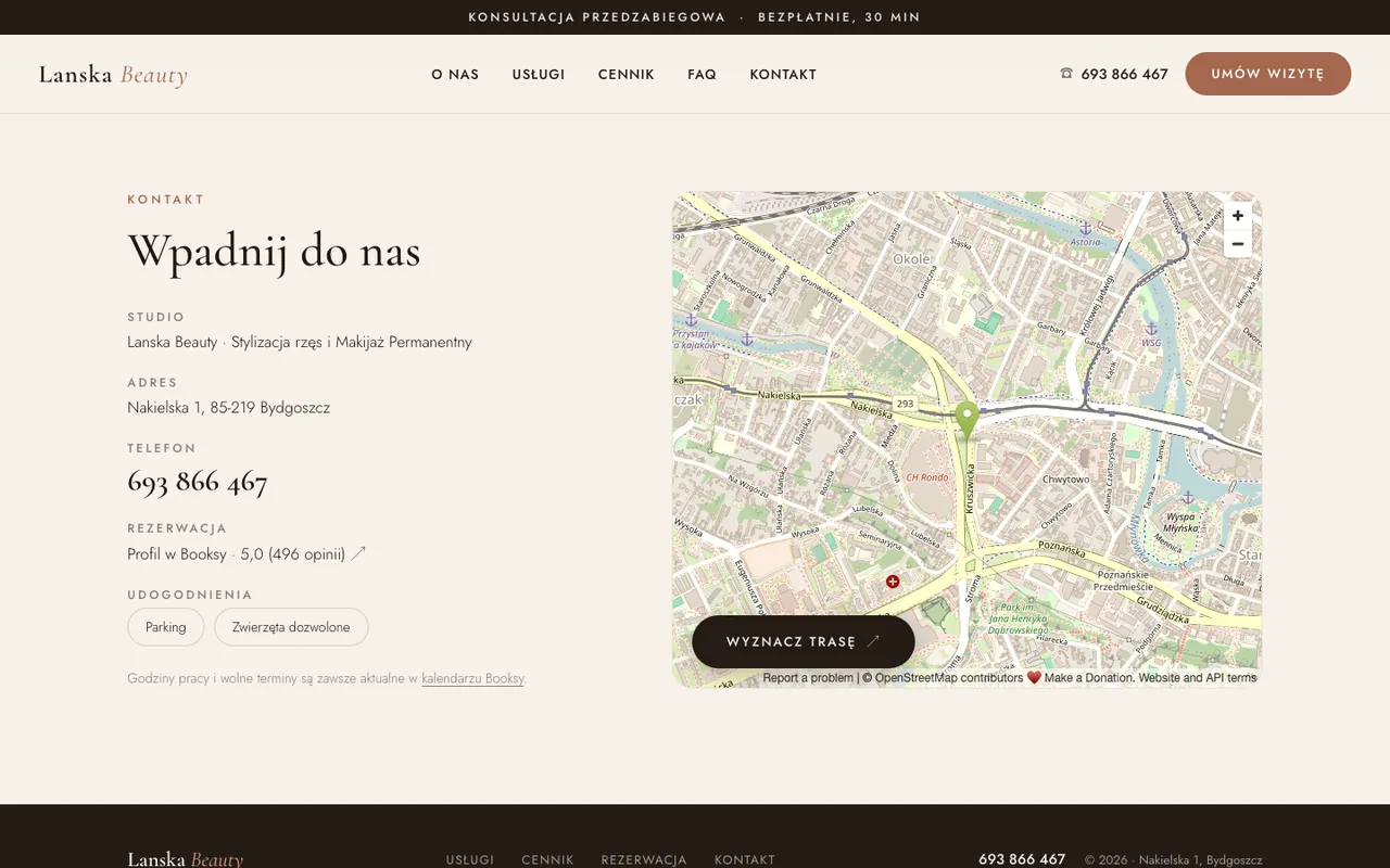 Kontakt i mapa dojazdu do studia Lanska Beauty przy Nakielskiej w Bydgoszczy