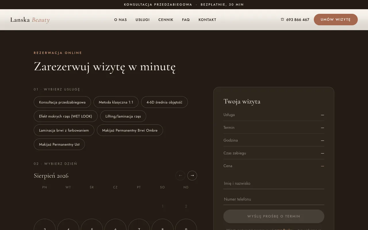 Rezerwacja wizyty online z kalendarzem terminów — Lanska Beauty Bydgoszcz