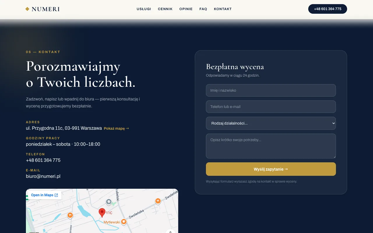 Kontakt i formularz bezpłatnej wyceny księgowości z mapą dojazdu — NUMERI Warszawa